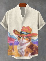 Men&#39;s Retro Western Cat Cowboy Watercolor Print Linen Blend Shirt - $26.00