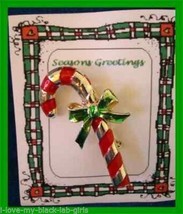 Christmas PIN #0219 Gerrys Vintage Candy Cane Red Enamel &amp; Goldtone w/Green Bow - £11.82 GBP