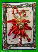 Christmas PIN #0214 Vintage Double Candy Cane &amp; Poinsettia Red Enamel &amp; Goldtone - £11.83 GBP