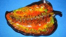Ashtray Orange &amp; Black Marbled Coloring Leaf Retro Ceramic Vintage USA (&quot;A&quot;) - £55.35 GBP