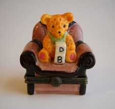 Teddy Bear Easy Chair Pill Box Case Hinged Jewelry Trinket Blocks Porcelain - £22.03 GBP