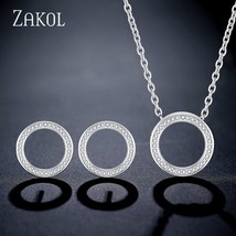 ZAKOL Fashion Sliver Color Circle Stud Earrings Necklace Set for Elegant Women S - £17.39 GBP