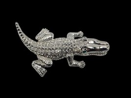 Vintage Silver Rhinestone ALLIGATOR CROCODILE w Green Eyes Figure Brooch... - $10.10