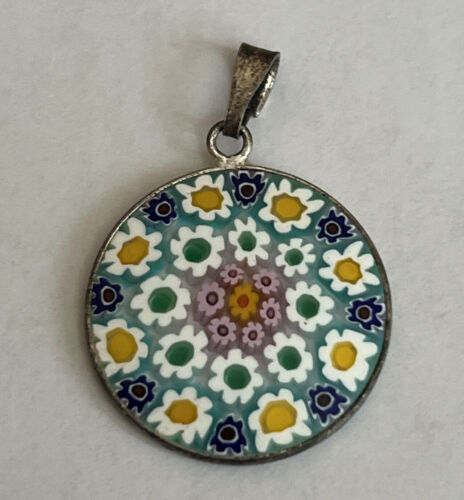 Murano Glass Millefiori Pendant 925 Sterling Silver Disc Necklace - £19.42 GBP