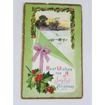 Vintage Christmas Greetings Postcard Holly And Bow German Message To Miss Hilda - £1.57 GBP