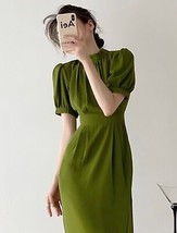 Retro Green Puff Sleeve Dress Women Spring Summer New Vintage Style High... - £30.47 GBP