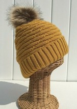Winter Thick Warm Lined Knit W/ Faux Fur Pom Stretchy Beanie Ski Hat Yellow #H F - £19.22 GBP