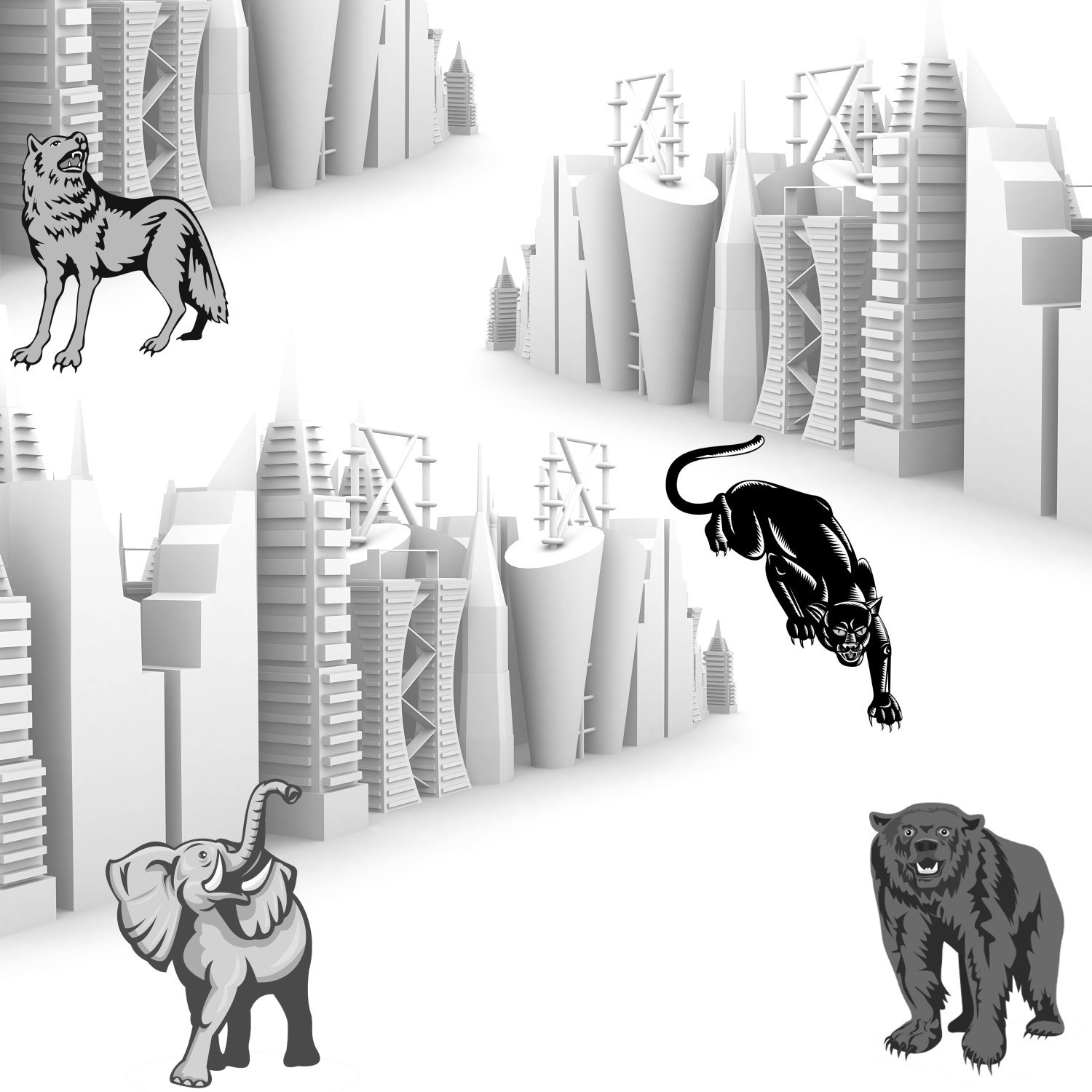 3d Industrial Skylines with Wild Animals-Digital Immediate Download-Bear-Wolf-Ba - $1.25