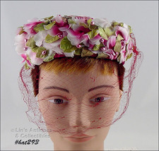 Vintage LE’CHAPOU Red Hat with Shades of Pink Flowers and Netting Veil  ... - $28.00
