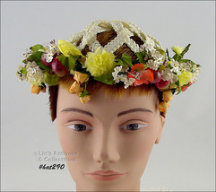 Vintage White Raffia Hat with Attached Fruit and Flowers  (Inventory #HA... - £54.35 GBP