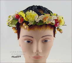 Vintage Black Raffia Hat with Attached Fruit and Flowers (#HAT289) - $68.00