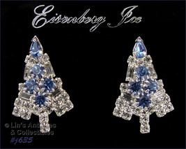 Signed Eisenberg Ice Christmas Tree Clear and Blue Rhinestones Earrings (#J635) - £53.49 GBP