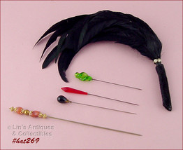 Lot of 4 Vintage Glass Head Hat Pins and 1 Black Feathers Hat Adornment(#HAT269) - £39.87 GBP