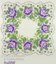 Vintage Purple Roses on White Background Handkerchief Hanky (Inventory #M3342) - £6.81 GBP