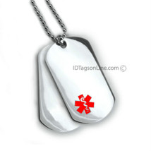 Double Medical Alert ID Dog Tag Red emblem. 18 lines engraved. Free Wallet Card! - £23.52 GBP