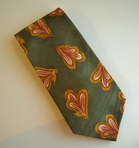 FR Ferrell Reed Olive Green Gold Red Neck Tie 100% Silk Feather Floral Hand Made - £21.51 GBP