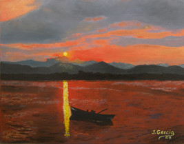 Sunset Oil Painting, Sunset, Lake, Boat - &quot;Red Sunset Over Lake&quot; (11&quot;x14&quot;) - £91.71 GBP