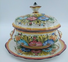 Large Floral Hand Painted Ceramic Tureen Covered Dish &amp; Underplate Portugal - £98.73 GBP