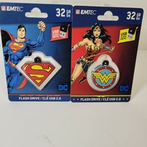Lot of 2 Emtac 32GB USB Flash Drive Keychain Wonder Woman and Superman D... - $12.19