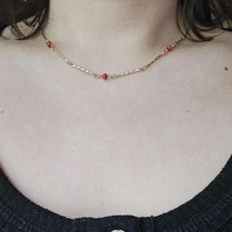 Vintage Dainty Gold &amp; Red Bead Chain Necklace - $29.99