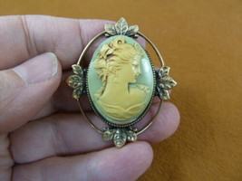 (CS11-28) LADY w/ Hairbow small gray ivory CAMEO leaf Pin pendant brooch Jewelry - £23.15 GBP