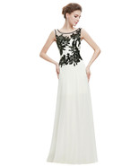 White Chiffon Long Prom Dress With Black Lace Applique - $105.00