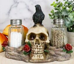 Ebros Day Of The Dead Raven Crow W/ Rose Skull Salt &amp; Pepper Shakers Hol... - $23.99