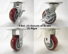 5&quot; x 2&quot; Swivel Caster w/ Brake Polyurethane Wheel &amp; Rigid 600 lbs each T... - $57.05