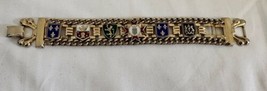 VTG Royal Enamel Shield Coat Of Arms Bracelet  Panel Multi Color Gold Tone 7&quot; - £21.27 GBP
