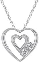 Sterling Silver Three Stone White Cubic Zirconia Heart In Heart Pendant Necklace - £109.45 GBP