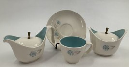 Boutonniere TAYLOR SMITH &amp; T Creamer &amp; Suger Set w/Cup &amp; Saucer  MCM Teal Floral - £23.73 GBP