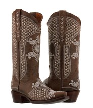 Womens Brown Distressed Leather Rhinestones Western Cowboy Wedding Boots - £197.83 GBP