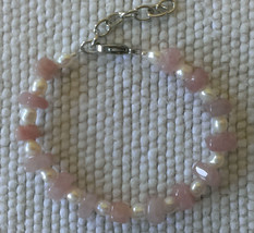Bracelet 6 1/3&quot; - 8&quot; Rose Quartz and Cultured Pearl  Handmade Gift Elegant  - £15.81 GBP