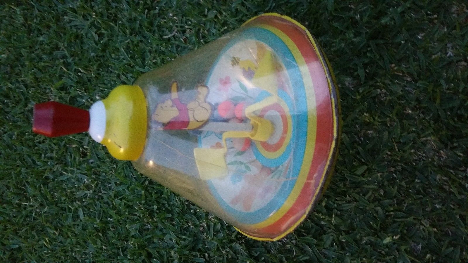 Vintage OHIO ART WINNIE THE POOH DISNEY SPINNING TOP WOOD HANDLE - $19.60