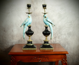 Elegant Bronze Mounted Porcelain Parrot Candle Holders - £770.61 GBP