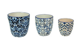 Set of 3 Blue and White Ceramic Geometric Design Mini Planter Pots - £28.60 GBP