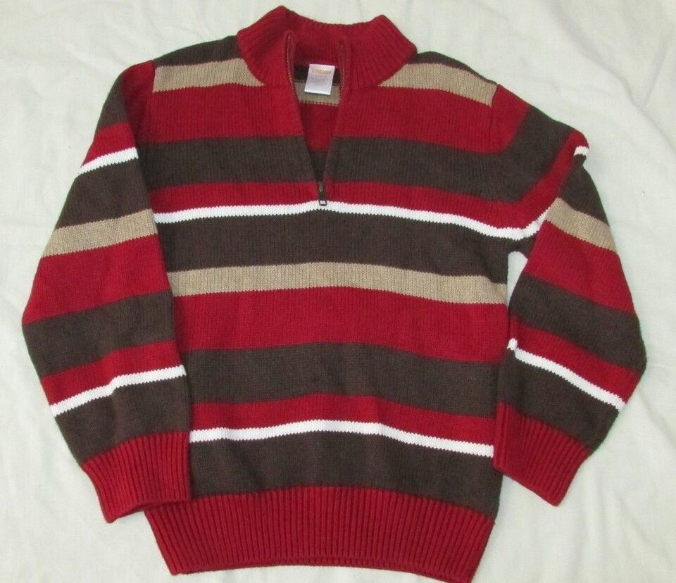 Boys Gymboree brown tan red wide striped sweater holiday 5-6 pullover 1/4 zip - $11.87