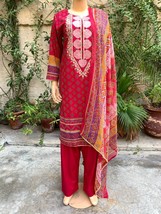 Pakistani Hot Pink Printed Straight Shirt 3-PCS Lawn Suit w/ Threadwork ,XL#2 - £44.94 GBP