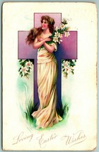 Raphael Tuck Loving Easter Wishes Woman in Yellow Cross 1908 DB Postcard F6 - £3.06 GBP