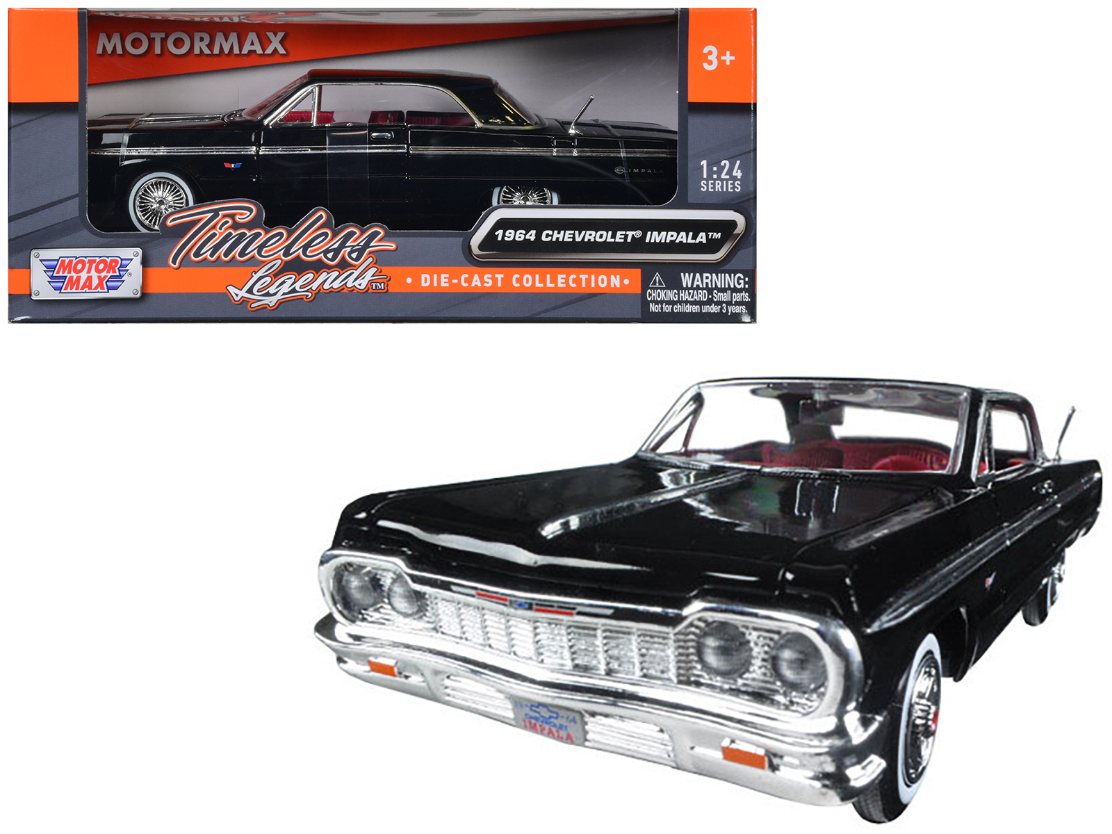Primary image for 1964 Chevrolet Impala Black with Red Interior 1/24 Diecast Model Car by Motormax