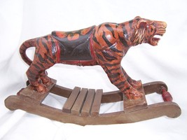 Vtg Carved Wood Siberian Bengal Tiger Hobby Rocking Horse Wooden Home Decor Cat - £137.48 GBP
