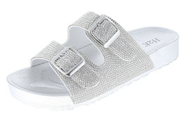 H2K Espen Silver Glitter Double Buckle Adjustable Comfort Slip On Slides... - $24.95