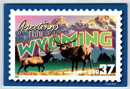 Greetings From Wyoming Large Letter Chrome Postcard USPS 2001 Deer Mountains - £6.39 GBP
