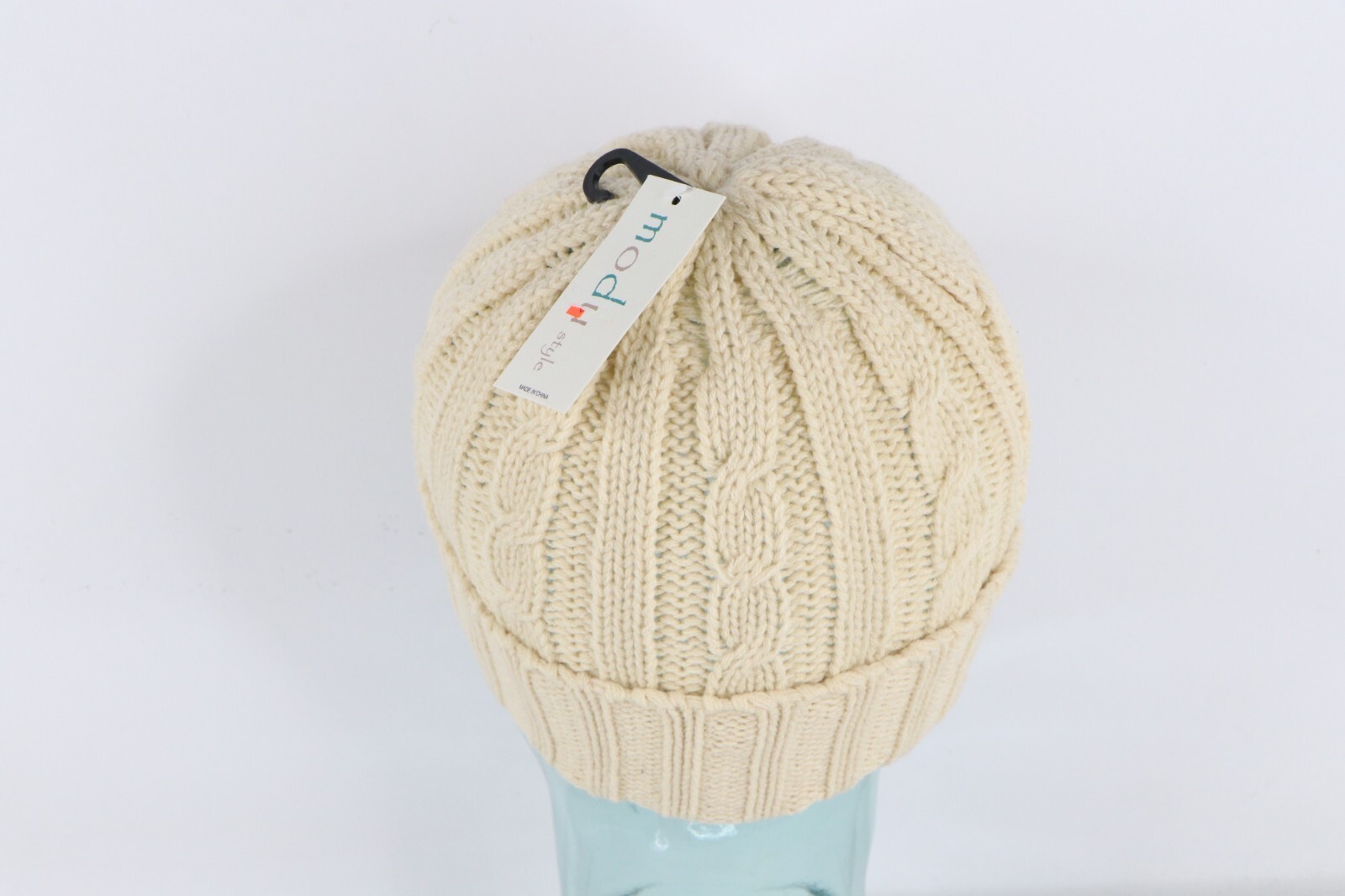 NOS Vtg 90s Streetwear Womens Chunky Cable Knit Winter Beanie Hat Beige Blank Item image 3