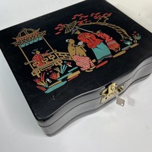 Vintage Japanese Black Paint Stenciled Jewelry Box Wood Locking Dovetail... - £17.94 GBP