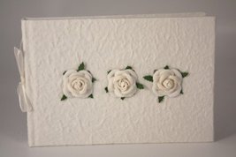 Classic Handmade Ivory Wedding Guest Book with 3 Cream Roses - $31.98