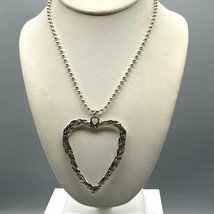 Hammered Heart Open Pendant Necklace, Big and Bold Silver Tone Bead Chain - £30.16 GBP