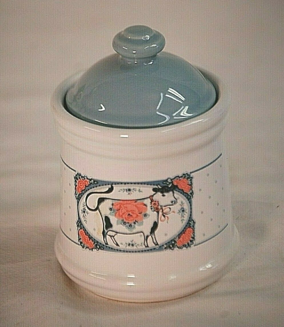 Ceramic Blue Lidded Sugar Bowl w Country Cow Farm Scene Classic Style Ta... - $16.82
