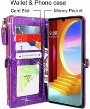 LG Velvet 5G Wallet Case Premium PU Leather Flip Zipper Card Slots Bling Purple - £36.60 GBP