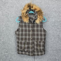 B B Dakota Womens Junior Large Brown Plaid Vest Detachable Fur Hood Wool... - £11.11 GBP